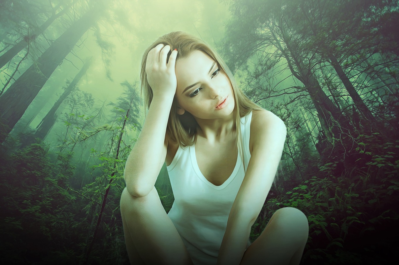 woman-thinking-in-forest